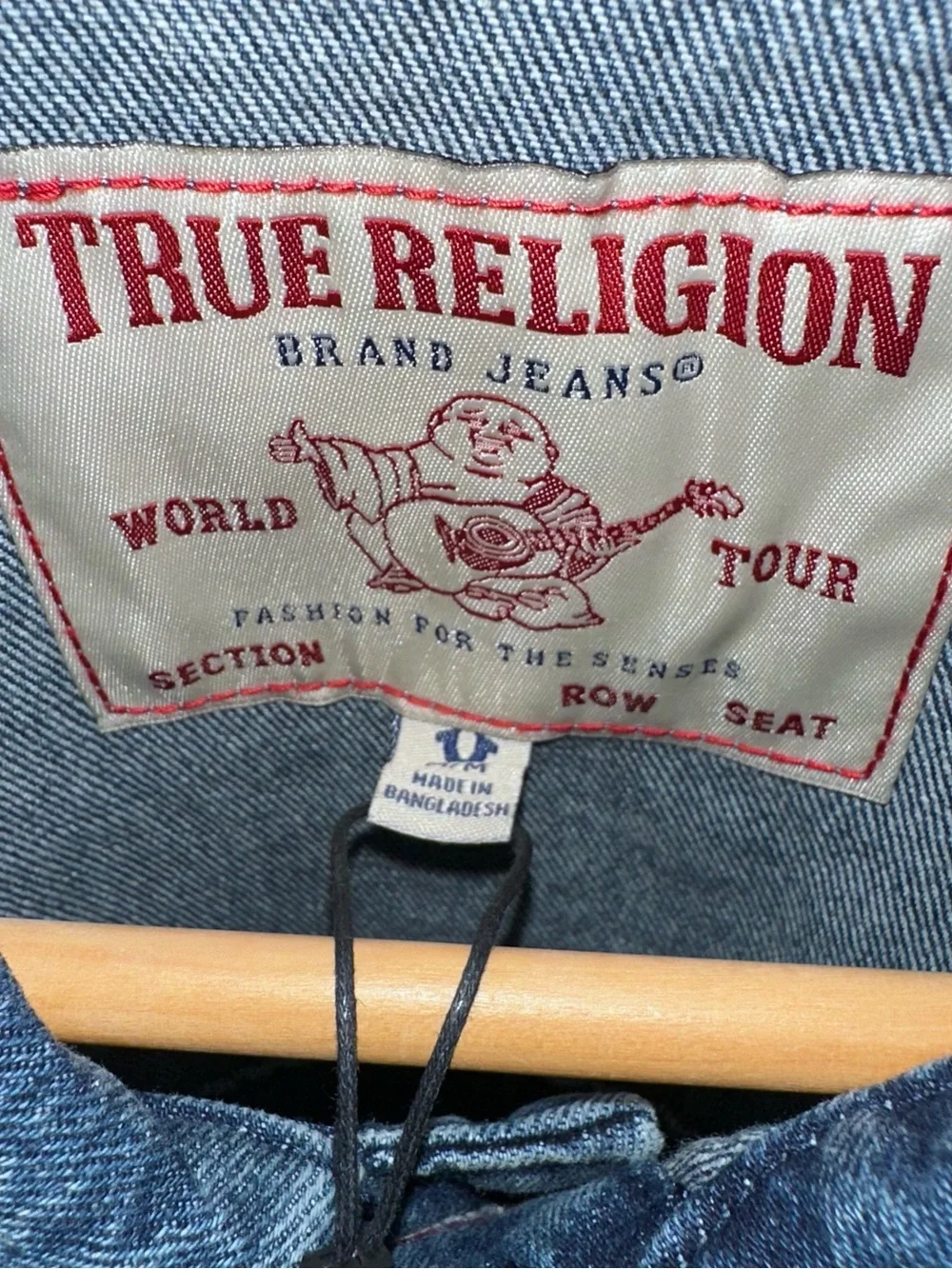 True Religion Denim Jacket Red Ladder Stitch Men’s Medium Blue Quartz Wash Budda